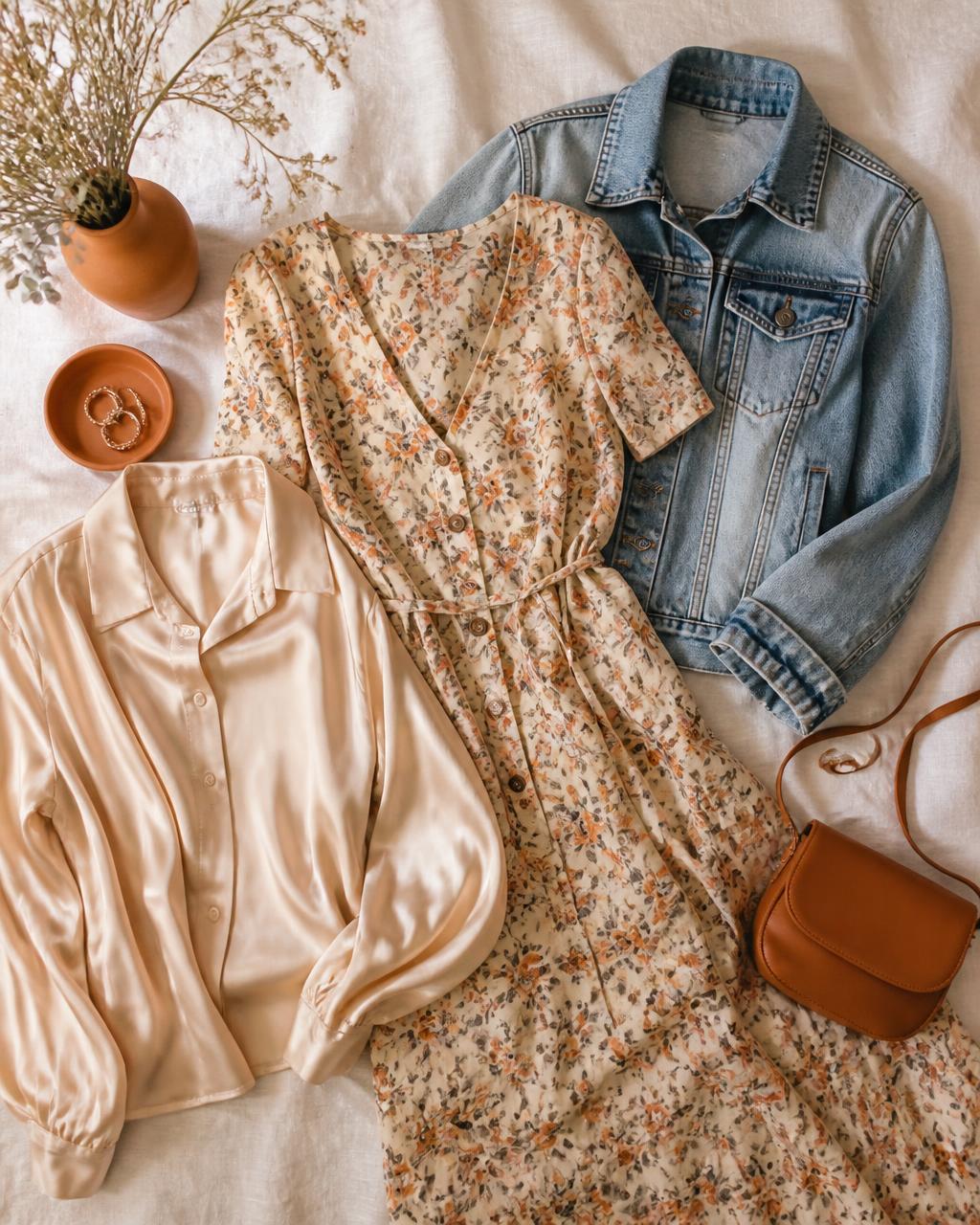 Vestido floral vintage, jaqueta jeans e blusa de seda do brechó feminino em Bauru